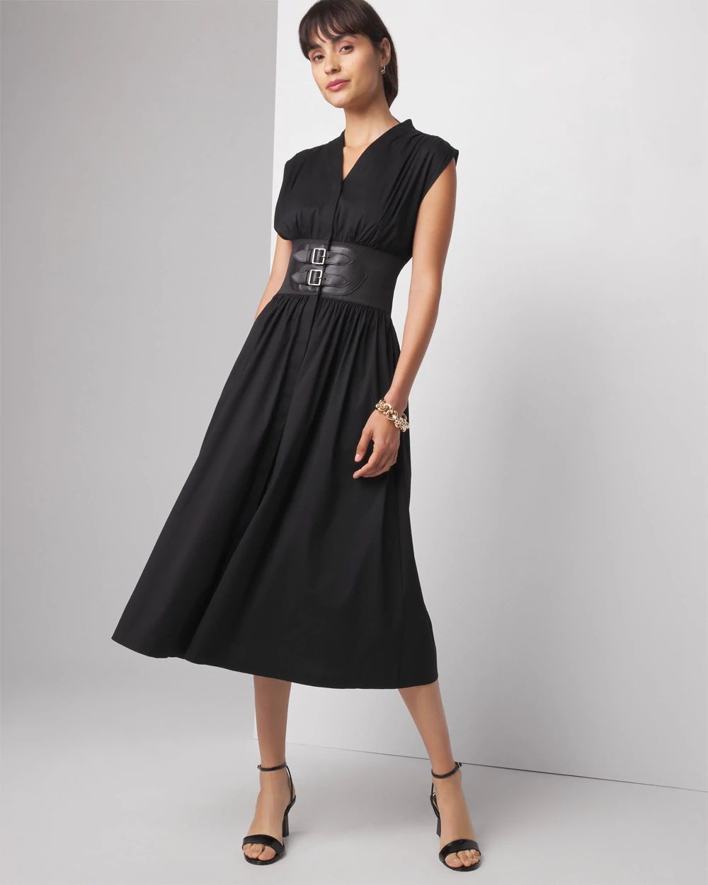Women s Cap Sleeve Belted Poplin Midi Dress in Black Size 00 White House Black Market Party Dresses
